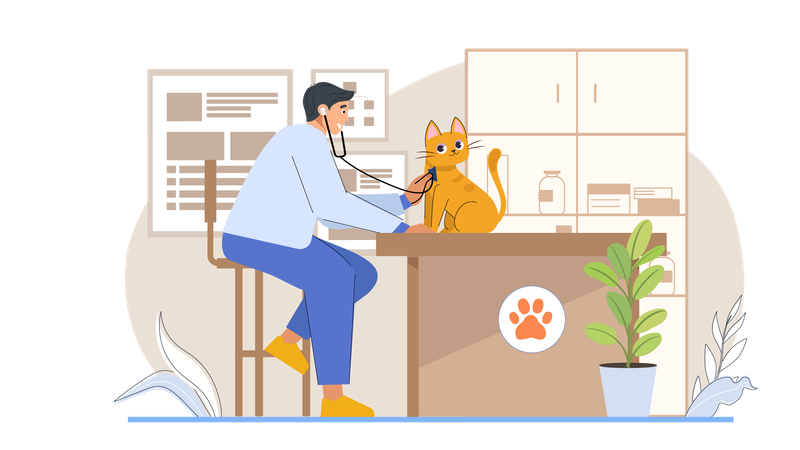 Médico veterinario masculino comprobando la salud de las mascotas  Ilustración