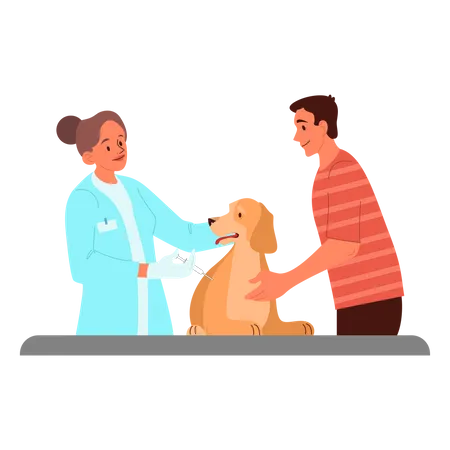 Médico veterinário dando vacina para cachorro  Ilustração