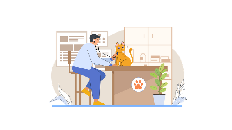 Médico veterinário verificando gato  Ilustração