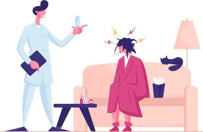 Médico visitando paciente doente em casa, dando remédio para tratamento  Ilustração