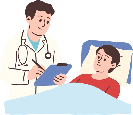 Médico visitando paciente em cama de hospital  Ilustração
