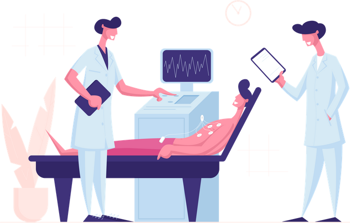 Médico y enfermera escaneando a un paciente masculino en una máquina de ultrasonido en el hospital  Ilustración