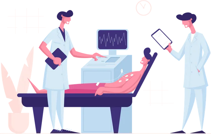 Médico y enfermera escaneando a un paciente masculino en una máquina de ultrasonido en el hospital  Ilustración