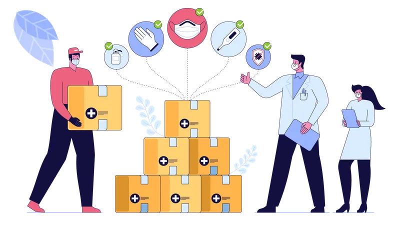 Médico y enfermera mostrando una caja de medicamentos para donación.  Ilustración