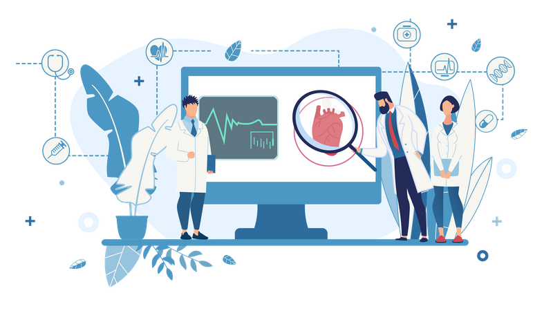 Médicos analisando o coração no display para conhecer o problema cardíaco  Ilustração