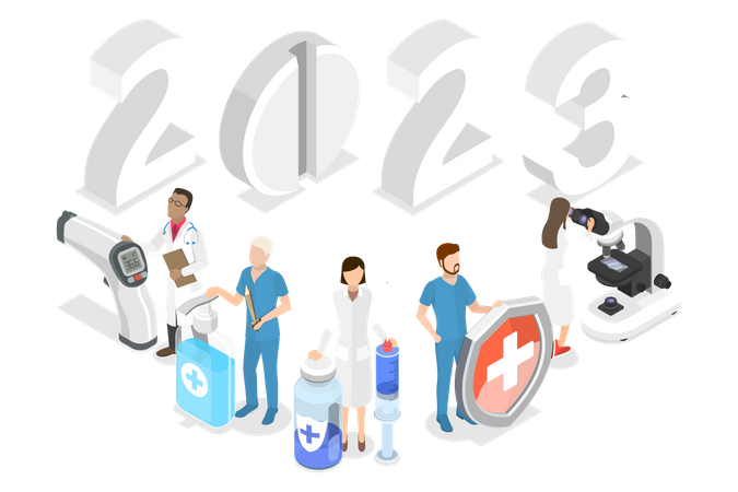 Médicos trabajando año 2023.  Ilustración