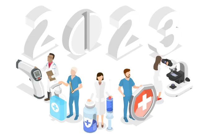 Médicos trabajando año 2023.  Ilustración