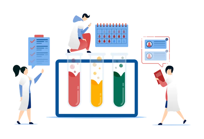 Médicos e estudantes verificando e registrando líquidos em tubos de ensaio  Ilustração