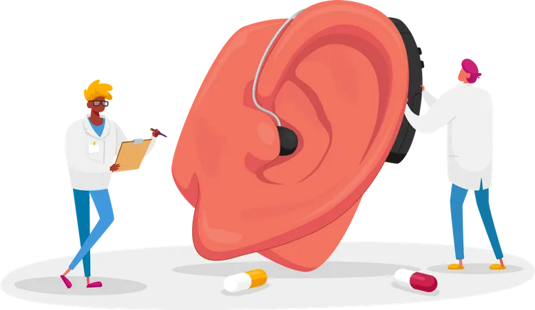 Médicos do sexo masculino instalando aparelho para surdos na enorme orelha do paciente  Ilustração