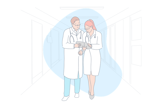 Médicos masculinos y femeninos que estudian registros médicos  Ilustración