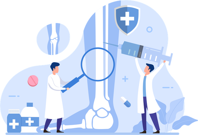 Médicos ortopédicos examinando el dolor en las articulaciones humanas  Ilustración