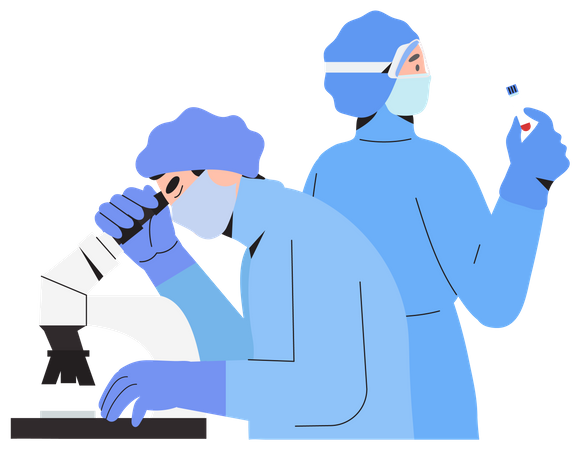Médicos haciendo pruebas de laboratorio.  Ilustración
