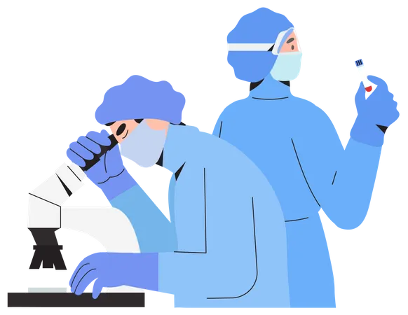 Médicos haciendo pruebas de laboratorio.  Ilustración