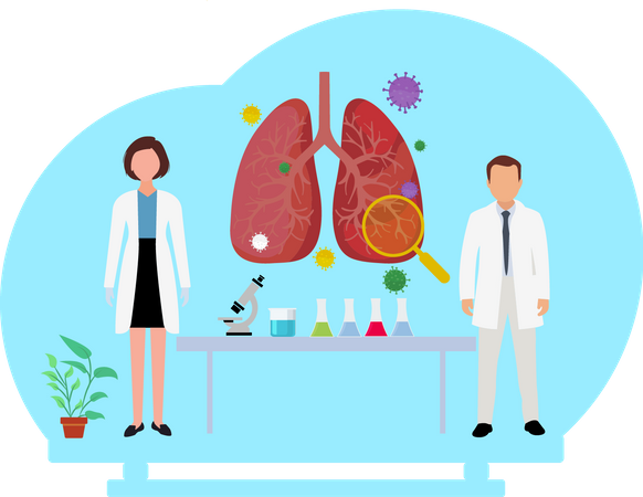 Médicos realizando una inspección de los pulmones de los órganos internos.  Ilustración