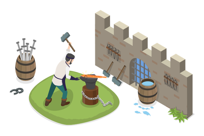 Medieval Blacksmith and Creating Weapons  Illustration