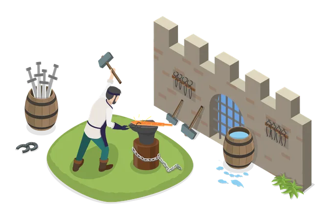 3 D Isometric Flat Vector Conceptual Illustration Of Medieval Blacksmith Creating Weapons Illustration