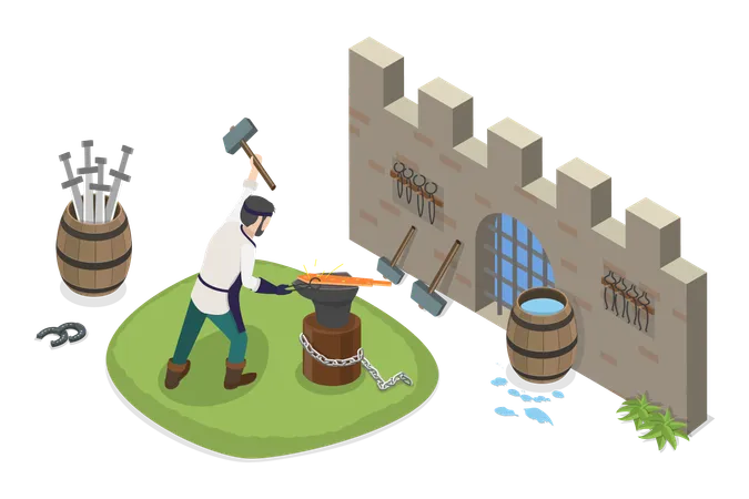 Medieval Blacksmith and Creating Weapons  Illustration