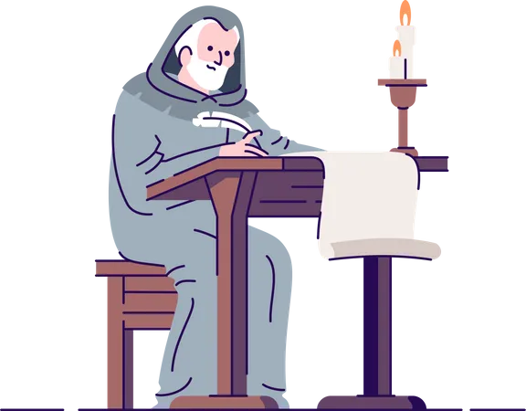 Medieval Chronicler With Manuscript Flat Vector Illustration Middle Age Annalist Isolated Cartoon Characters With Outline Elements On White Background Ancient Literacy And Education Illustration