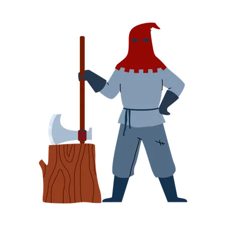 Medieval executioner man holding huge axe  Illustration