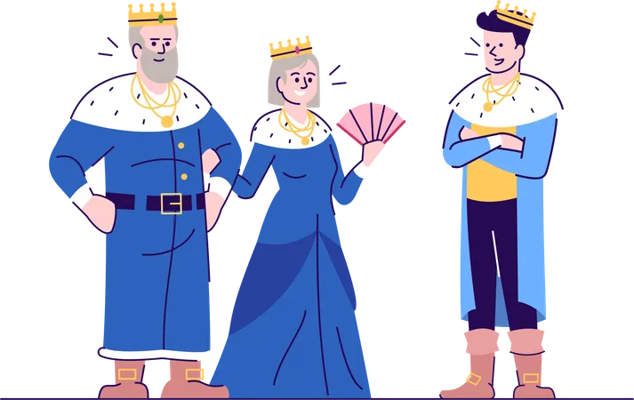 Medieval King Queen And Prince Flat Vector Illustration Kingdom Rulers With Son Isolated Cartoon Characters With Outline Elements On White Background Fairytale Personages Kingdom Rulers Illustration