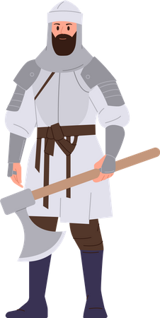 Medieval knight holding battle axe standing  Illustration