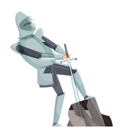 Medieval knight pulling out sword from rock  Illustration