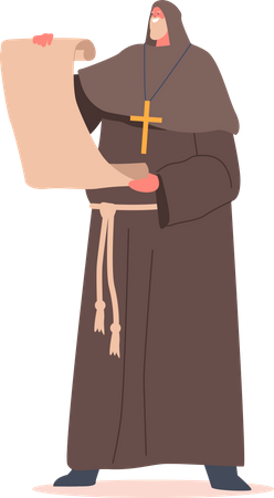 Medieval Monk with Old Parchment in Hands Illustration