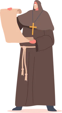 Medieval Monk with Old Parchment in Hands  Illustration