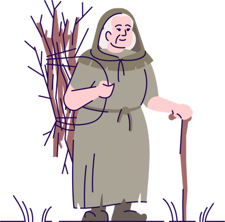 Medieval old lady with brushwood Illustration