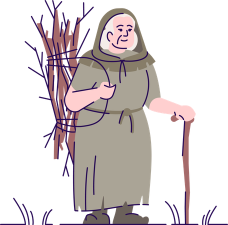 Medieval old lady with brushwood  Illustration