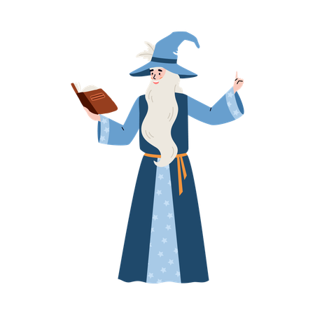 Medieval old magician holding magic book  Illustration
