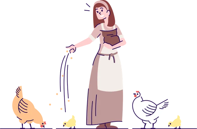 Medieval peasant girl feeding fowl  Illustration