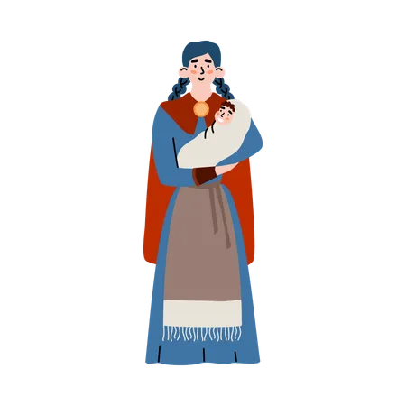 Medieval peasant woman in european costume  Illustration