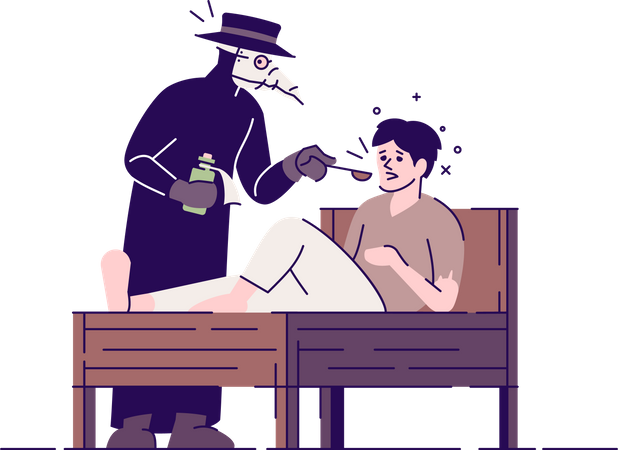 Medieval plague doctor and patient Illustration