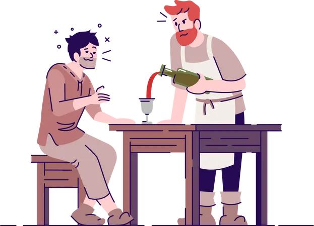 Medieval Tavern With Peasants Flat Vector Illustration Owner And Visitor Drinking Wine In Ancient Pub Isolated Cartoon Characters With Outline Elements On White Background Fairytale Personages Illustration