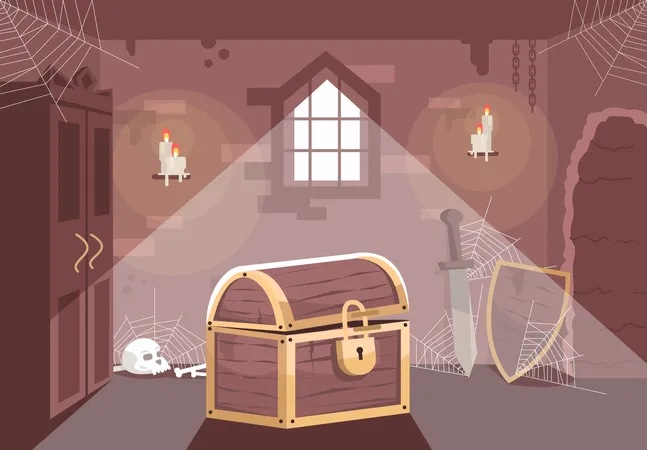 Medieval Themed Escape Room Flat Vector Illustration Quest Room Interior With Chest Sword And Shield Searching Solution Mystery Investigation Solving Puzzle Treasure Hunt Logic Game Illustration