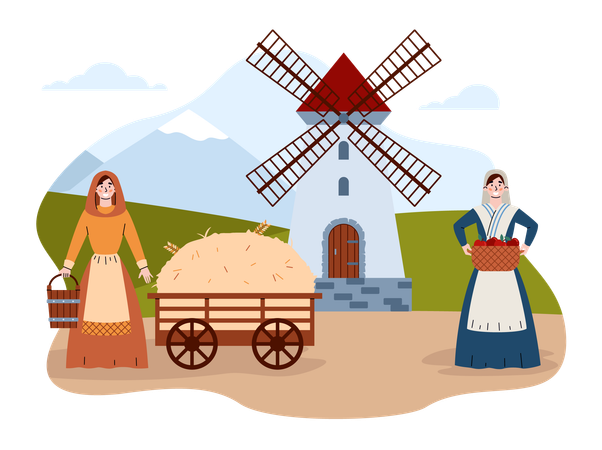 Medieval village life with peasant women  Illustration