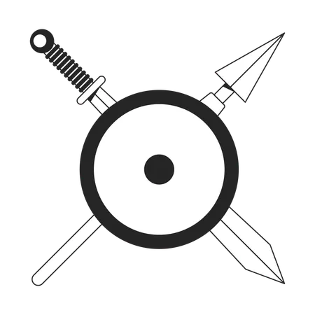 Crossed Medieval Weapon Behind Shield Flat Monochrome Isolated Vector Object Sword And Spear Editable Black And White Line Art Drawing Simple Outline Spot Illustration For Web Graphic Design 일러스트레이션