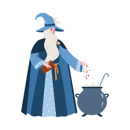 Medieval wizard brewing magic potion in pot  Illustration