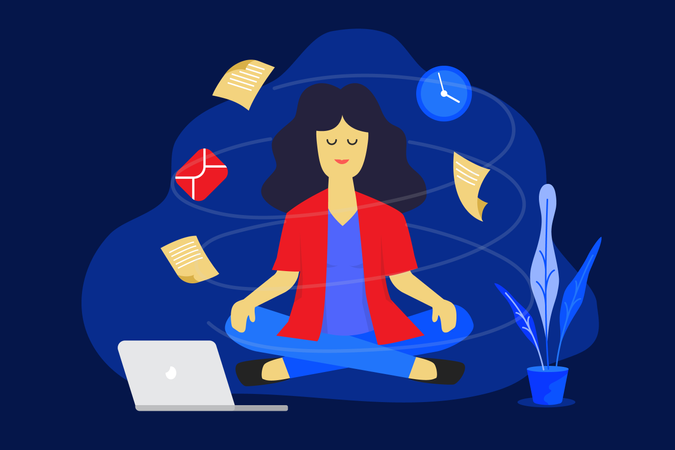 Mujer de meditación en el trabajo.  Ilustración