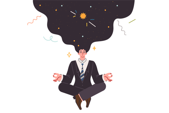 Hombre de negocios meditando haciendo yoga pensando en el espacio y tratando de obtener señales del universo  Ilustración