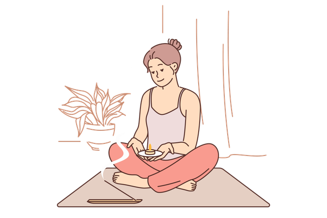 La mujer meditadora está haciendo yoga.  Ilustración