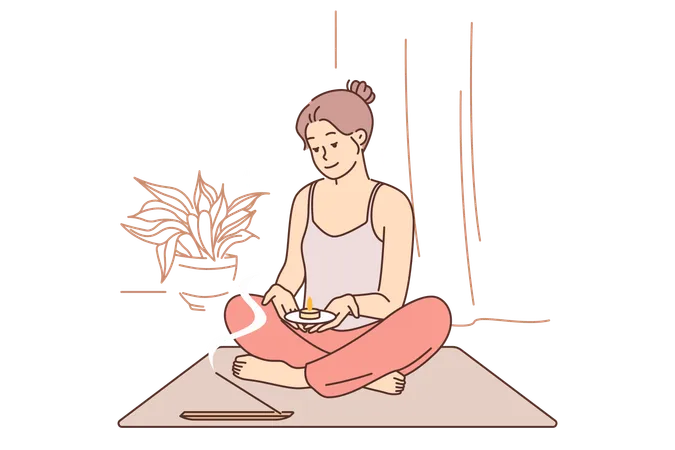 La mujer meditadora está haciendo yoga.  Ilustración