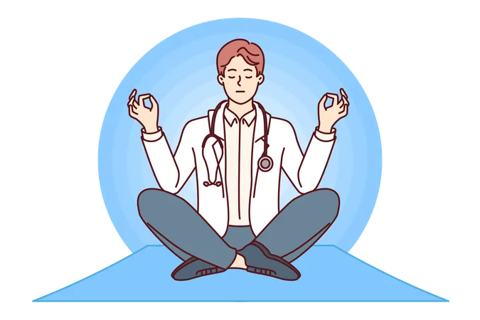 Médico meditando sentado en posición de loto y tomando un descanso para practicar yoga para aliviar el estrés  Ilustración