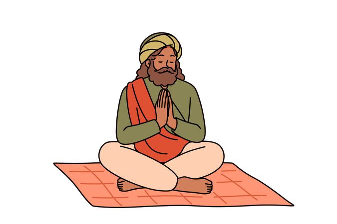 L'homme indien méditant fakir prie assis les jambes croisées sur un tapis avec un signe de mandala derrière le dos  Illustration