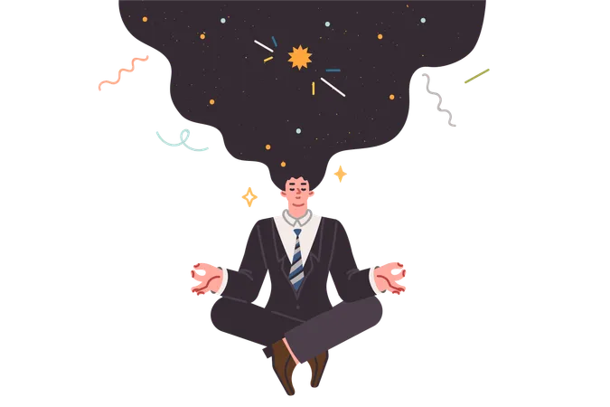 Meditating business man doing yoga thinking about space and trying to get signal from universe  Illustration