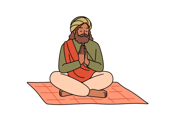 Meditating Indian man fakir prays sitting cross-legged on mat with mandala sign behind back  Illustration