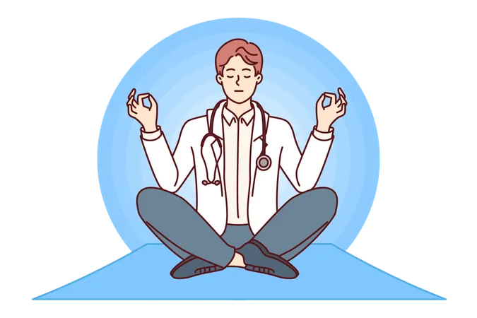 Meditating Male Doctor Sitting In Lotus Position And Taking Break To Practice Stress Relieving Yoga Clinic Employee With Stethoscope Around Neck Enjoys Yoga To Increase Work Productivity Illustration