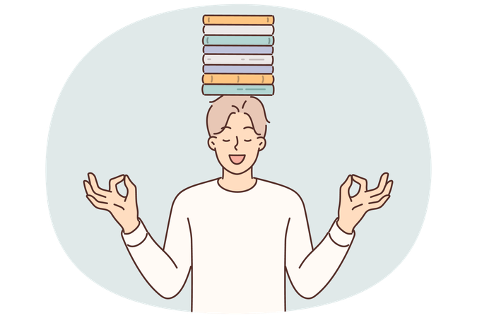 Meditating man with books on head stands maintain balance between study and rest  Illustration