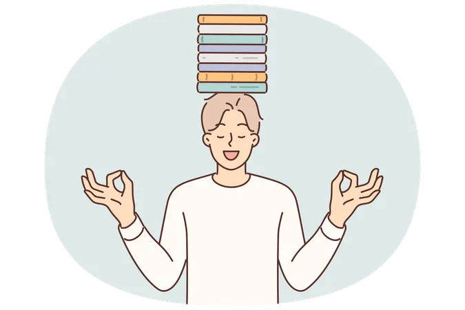 Meditating man with books on head stands maintain balance between study and rest  Illustration